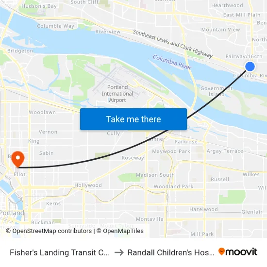Fisher's Landing Transit Center to Randall Children's Hospital map