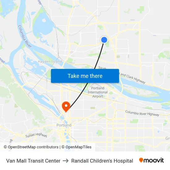 Van Mall Transit Center to Randall Children's Hospital map