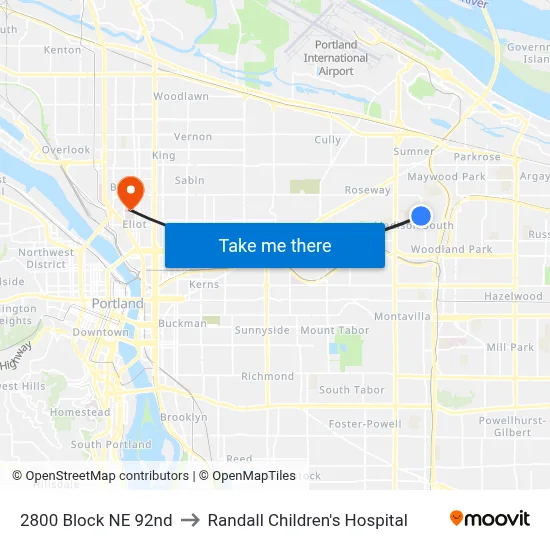 2800 Block NE 92nd to Randall Children's Hospital map
