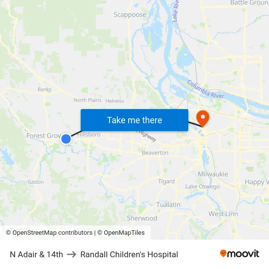 N Adair & 14th to Randall Children's Hospital map