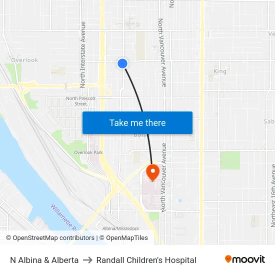 N Albina & Alberta to Randall Children's Hospital map