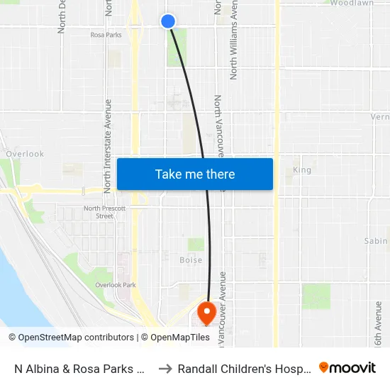 N Albina & Rosa Parks Way to Randall Children's Hospital map