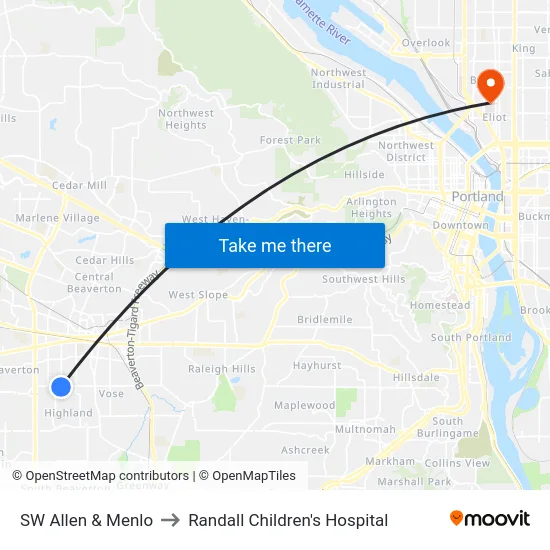 SW Allen & Menlo to Randall Children's Hospital map
