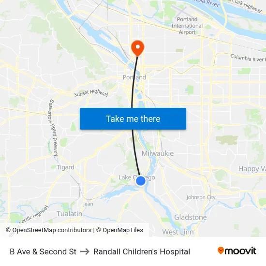 B Ave & Second St to Randall Children's Hospital map