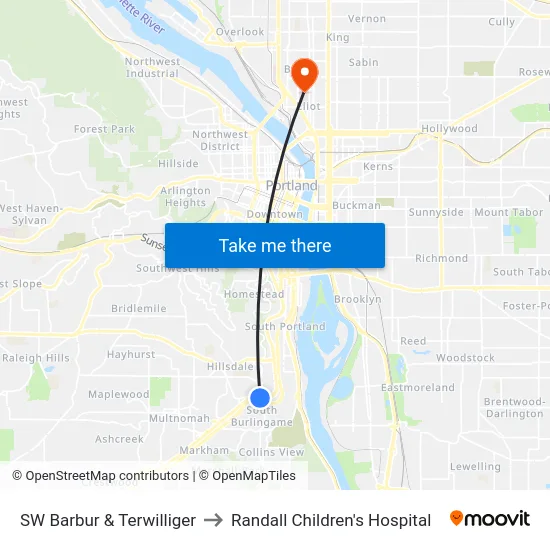 SW Barbur & Terwilliger to Randall Children's Hospital map