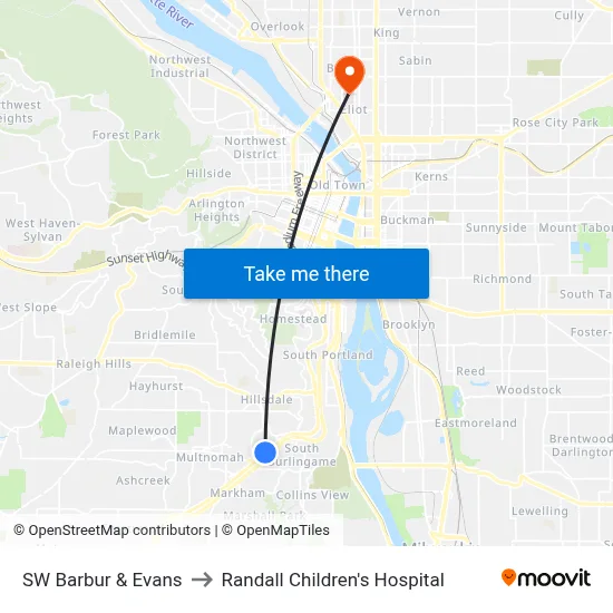 SW Barbur & Evans to Randall Children's Hospital map