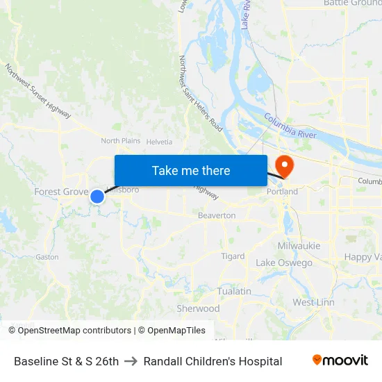 Baseline St & S 26th to Randall Children's Hospital map