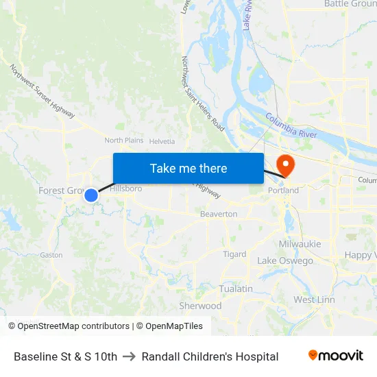 Baseline St & S 10th to Randall Children's Hospital map