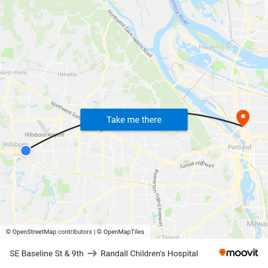 SE Baseline St & 9th to Randall Children's Hospital map
