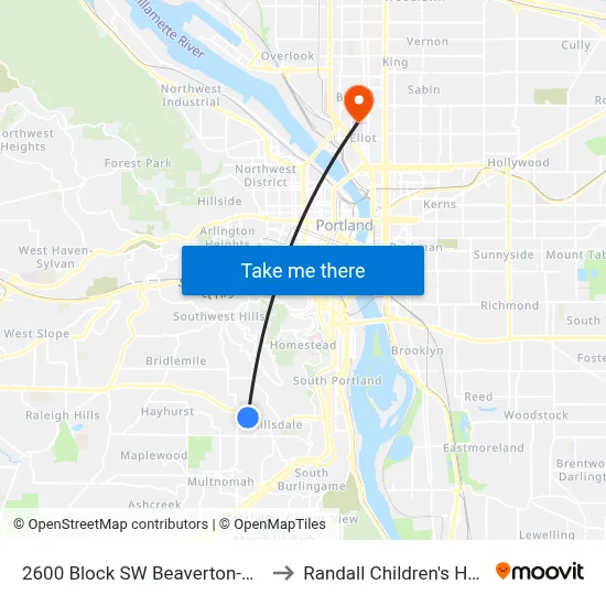 2600 Block SW Beaverton-Hillsdale to Randall Children's Hospital map