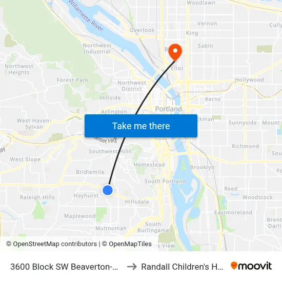 3600 Block SW Beaverton-Hillsdale to Randall Children's Hospital map