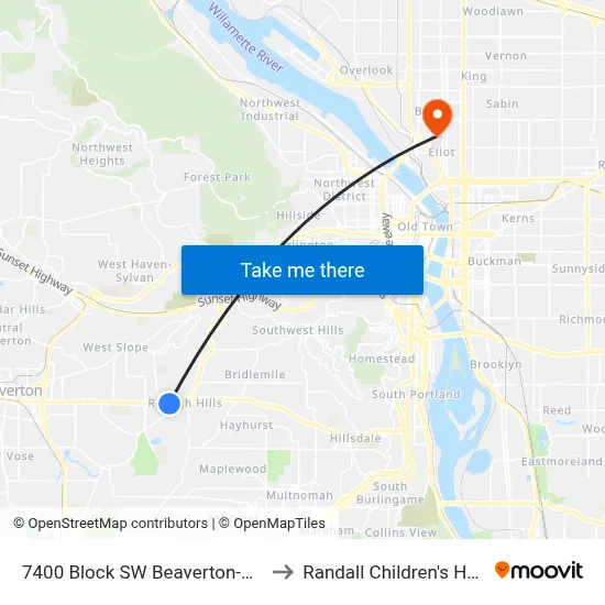 7400 Block SW Beaverton-Hillsdale to Randall Children's Hospital map