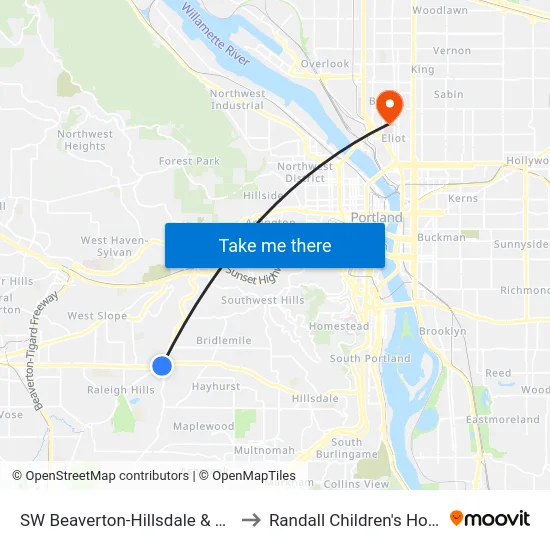 SW Beaverton-Hillsdale & Oleson to Randall Children's Hospital map