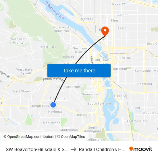 SW Beaverton-Hillsdale & Shattuck to Randall Children's Hospital map