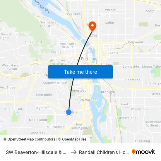 SW Beaverton-Hillsdale & 18th Dr to Randall Children's Hospital map