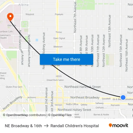 NE Broadway & 16th to Randall Children's Hospital map