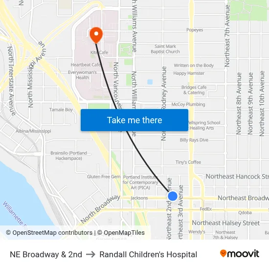 NE Broadway & 2nd to Randall Children's Hospital map