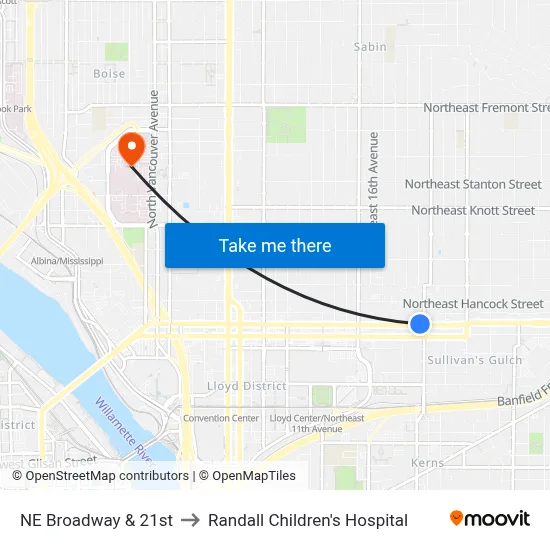 NE Broadway & 21st to Randall Children's Hospital map