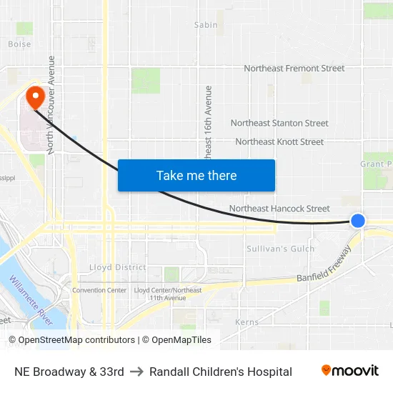 NE Broadway & 33rd to Randall Children's Hospital map