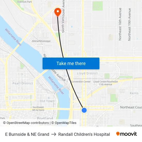 E Burnside & NE Grand to Randall Children's Hospital map