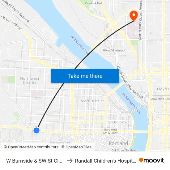 W Burnside & SW St Clair to Randall Children's Hospital map