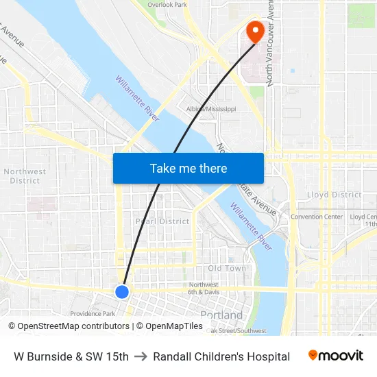 W Burnside & SW 15th to Randall Children's Hospital map