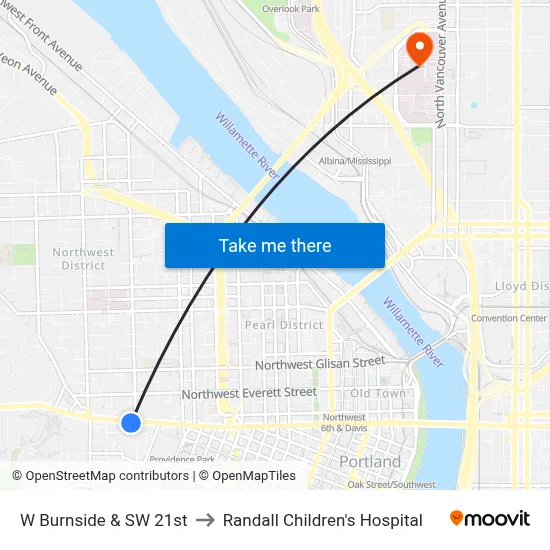 W Burnside & SW 21st to Randall Children's Hospital map