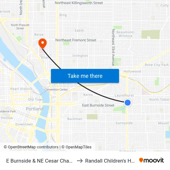 E Burnside & NE Cesar Chavez Blvd to Randall Children's Hospital map