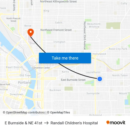 E Burnside & NE 41st to Randall Children's Hospital map
