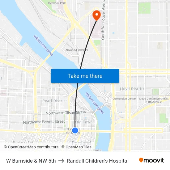 W Burnside & NW 5th to Randall Children's Hospital map