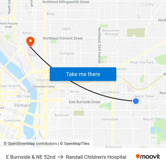 E Burnside & NE 52nd to Randall Children's Hospital map