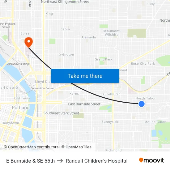 E Burnside & SE 55th to Randall Children's Hospital map
