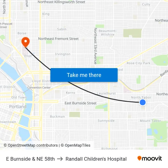 E Burnside & NE 58th to Randall Children's Hospital map