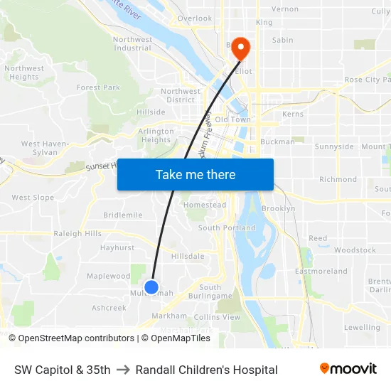 SW Capitol & 35th to Randall Children's Hospital map