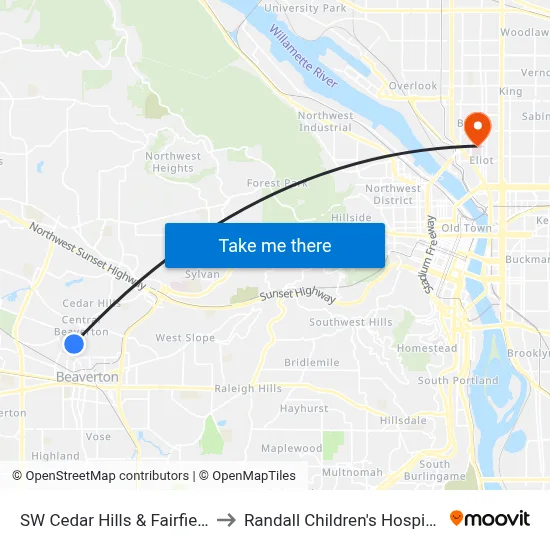 SW Cedar Hills & Fairfield to Randall Children's Hospital map