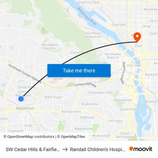 SW Cedar Hills & Fairfield to Randall Children's Hospital map