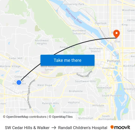 SW Cedar Hills & Walker to Randall Children's Hospital map