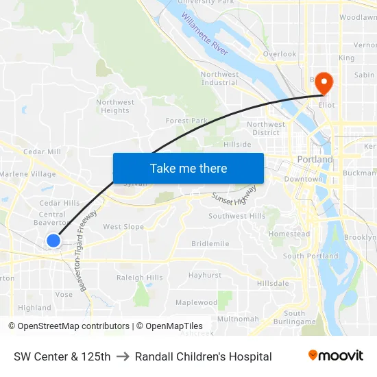 SW Center & 125th to Randall Children's Hospital map