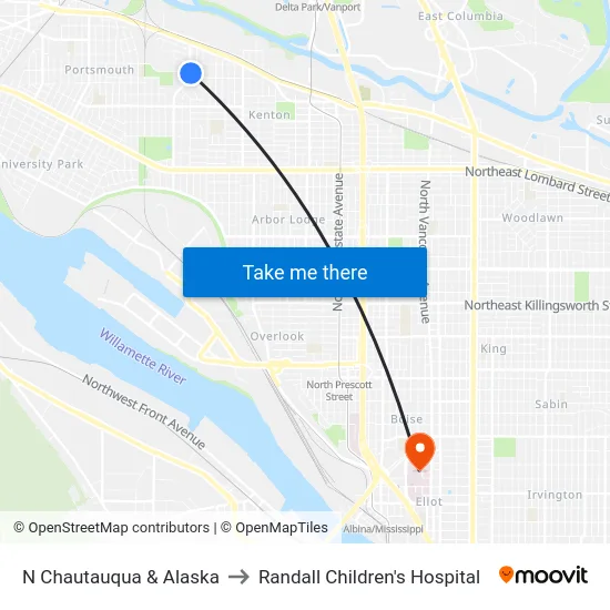 N Chautauqua & Alaska to Randall Children's Hospital map