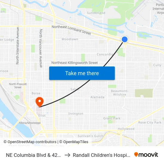 NE Columbia Blvd & 42nd to Randall Children's Hospital map