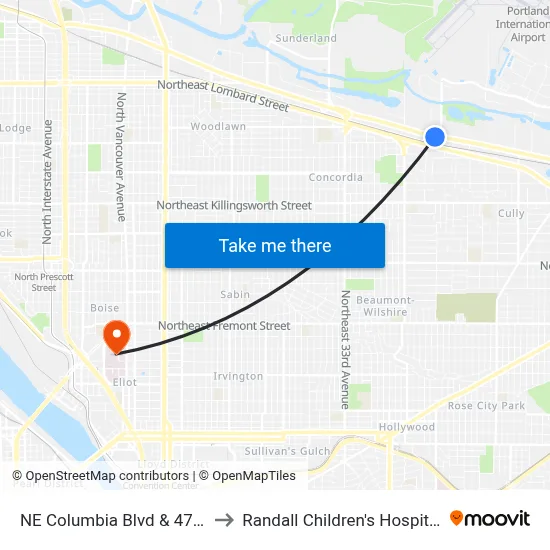 NE Columbia Blvd & 47th to Randall Children's Hospital map