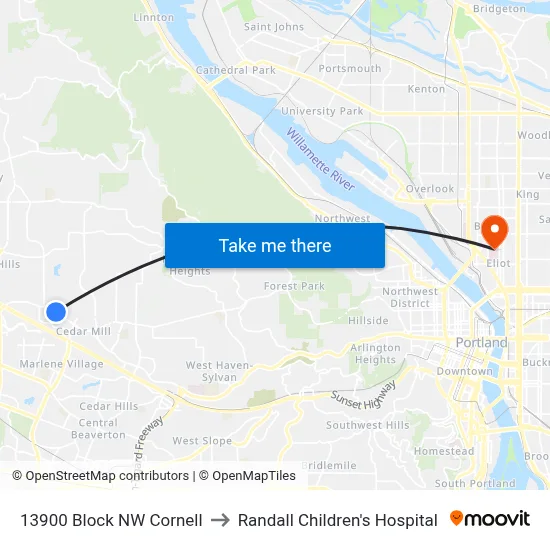 13900 Block NW Cornell to Randall Children's Hospital map