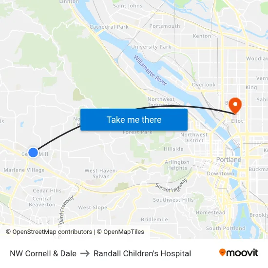 NW Cornell & Dale to Randall Children's Hospital map