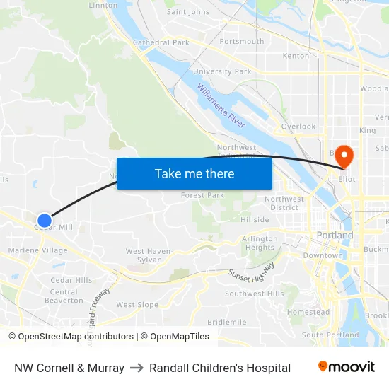 NW Cornell & Murray to Randall Children's Hospital map