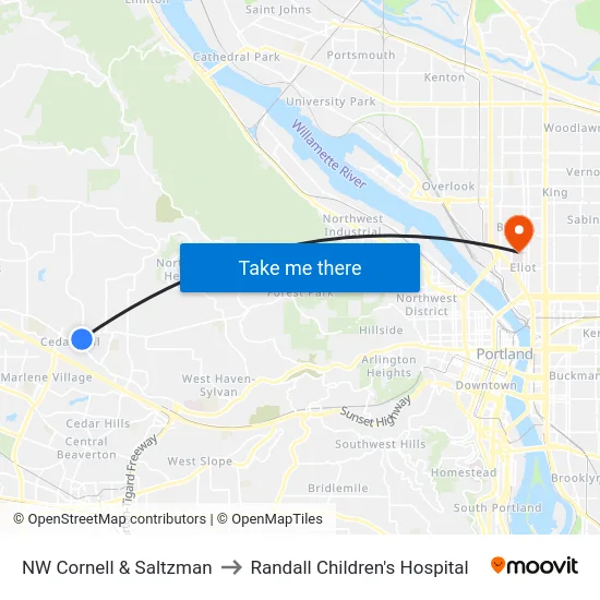 NW Cornell & Saltzman to Randall Children's Hospital map