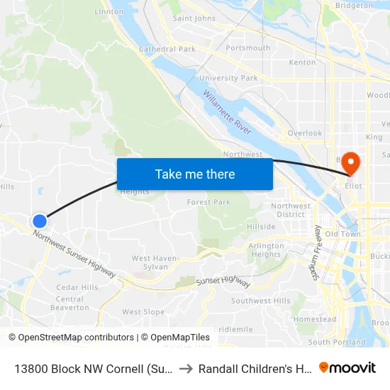 13800 Block NW Cornell (Sunset HS) to Randall Children's Hospital map