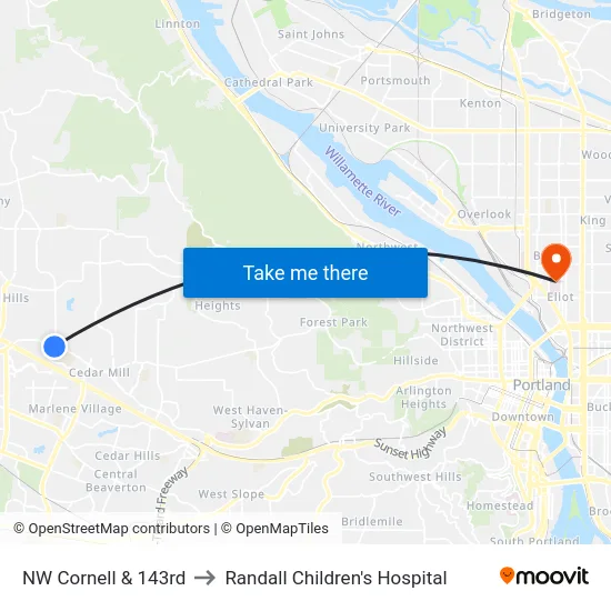NW Cornell & 143rd to Randall Children's Hospital map