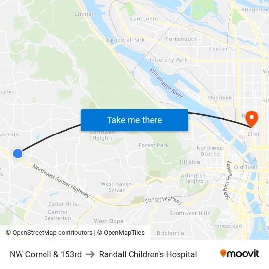 NW Cornell & 153rd to Randall Children's Hospital map