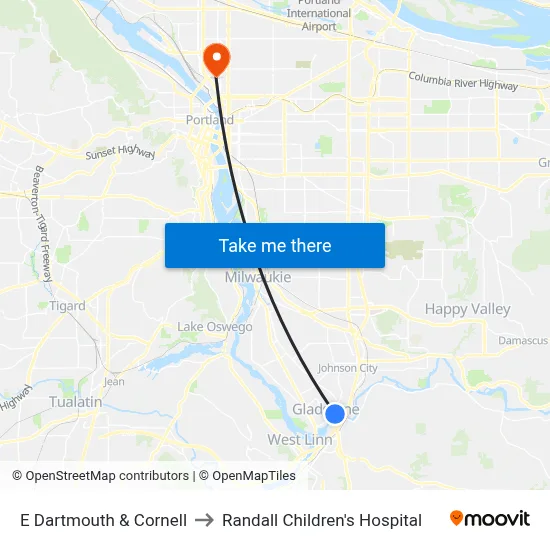 E Dartmouth & Cornell to Randall Children's Hospital map