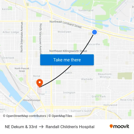 NE Dekum & 33rd to Randall Children's Hospital map